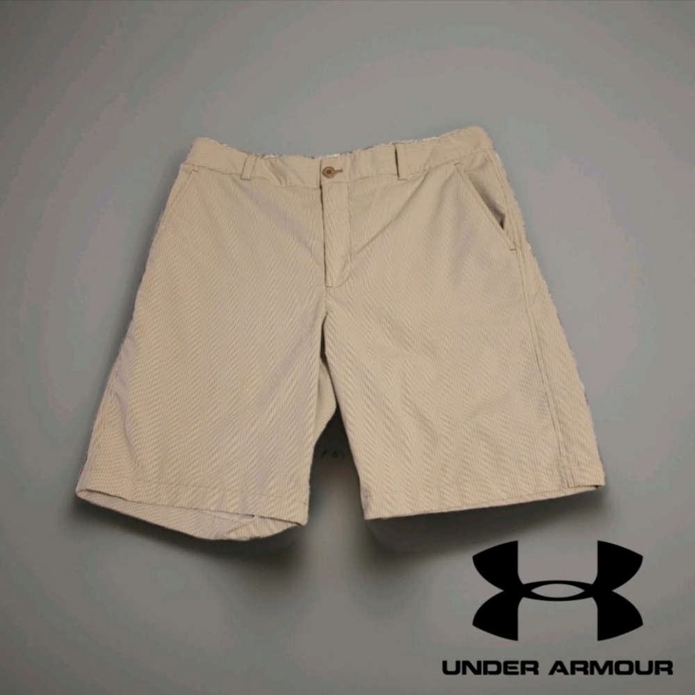 Men's Under Armour Tan Striped Dry Fit Movement Shorts Sz 34